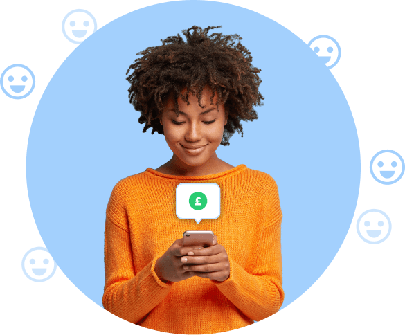 Woman smiling at her phone with a pound sign speech bubble, receiving cash for selling books