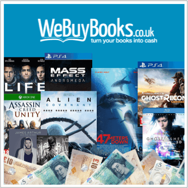 WeBuyBooks.co.uk logo with DVDs, PS4 and Xbox games, and UK banknotes - turn your books into cash