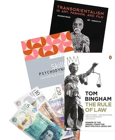 Books including Transorientalism, Psychodynamic Skills and The Rule of Law, with UK banknotes for selling