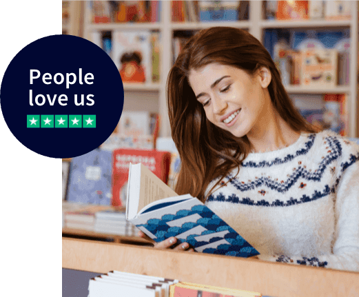 Smiling woman reading a book in a shop; badge reads People love us with five-star rating