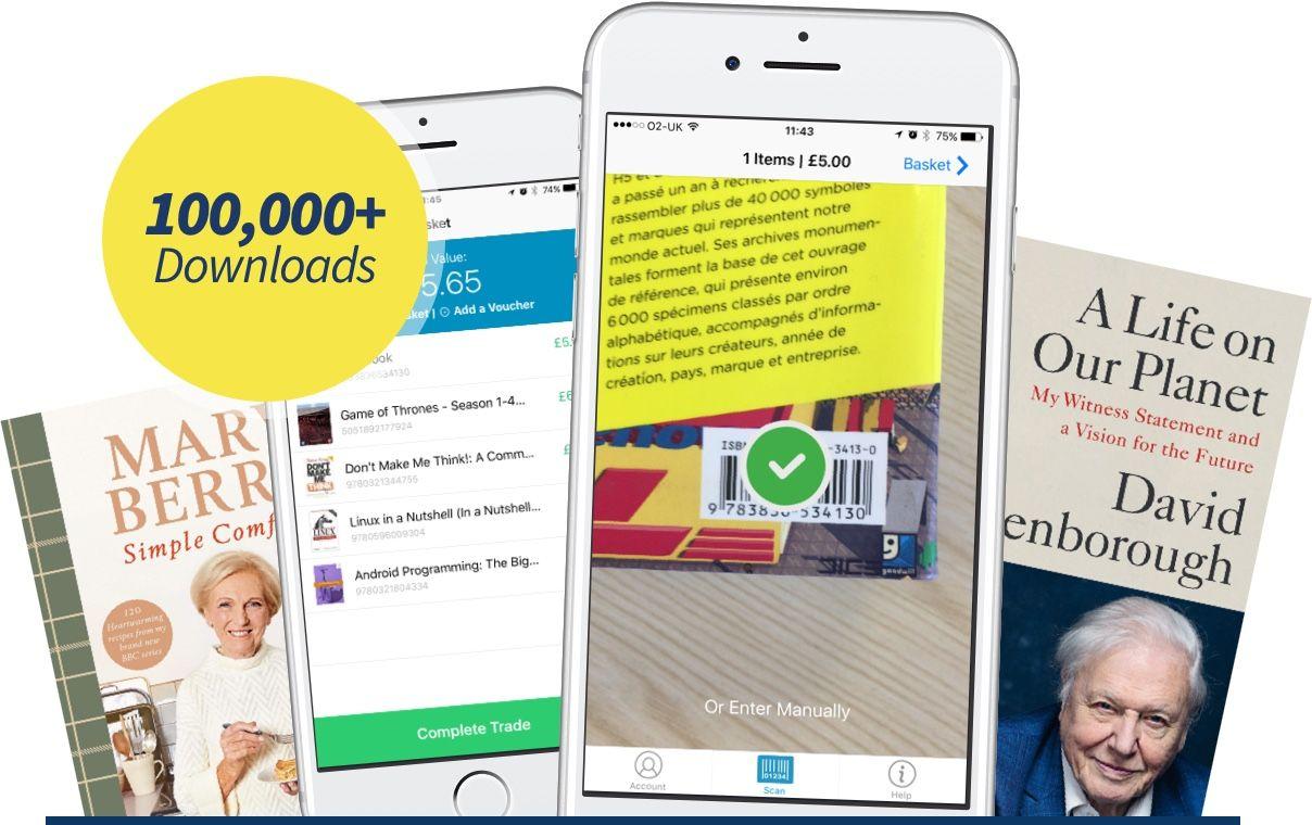 WeBuyBooks app screens scanning book barcodes and showing basket total, with '100,000+ Downloads' badge beside sample book