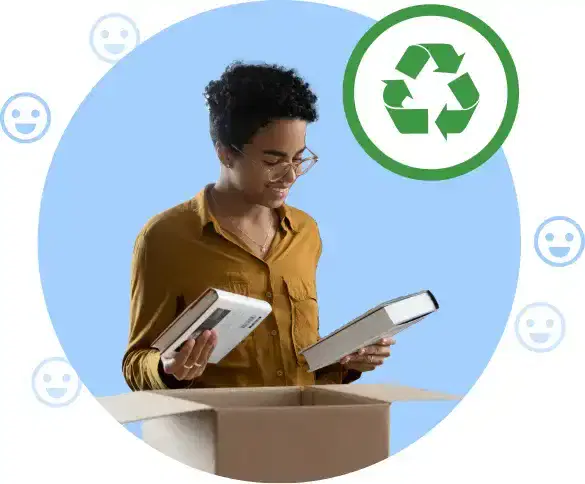 Woman packing books into a box to send for recycling, with a green recycling symbol