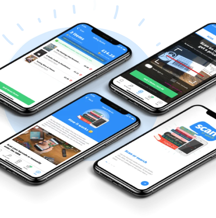 mobile phones flat showing the webuybooks app on screen