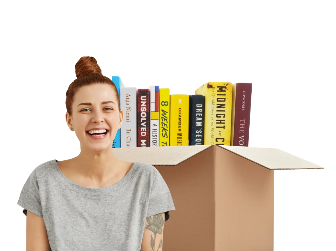 woman infont of a box of books